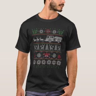 Firefighter Fire Truck Pulled by Reindeer Ugly Chr T-Shirt