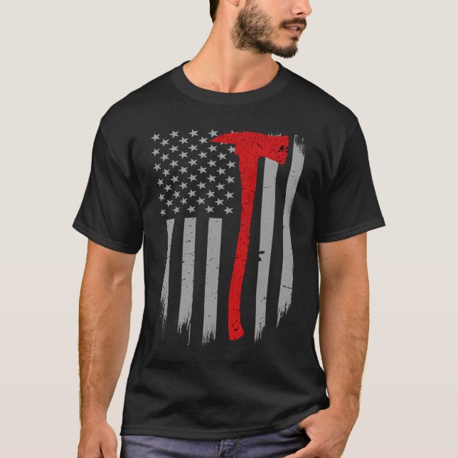Firefighter Flag  Thin Red Line Firefighter Axe T-Shirt (Front)