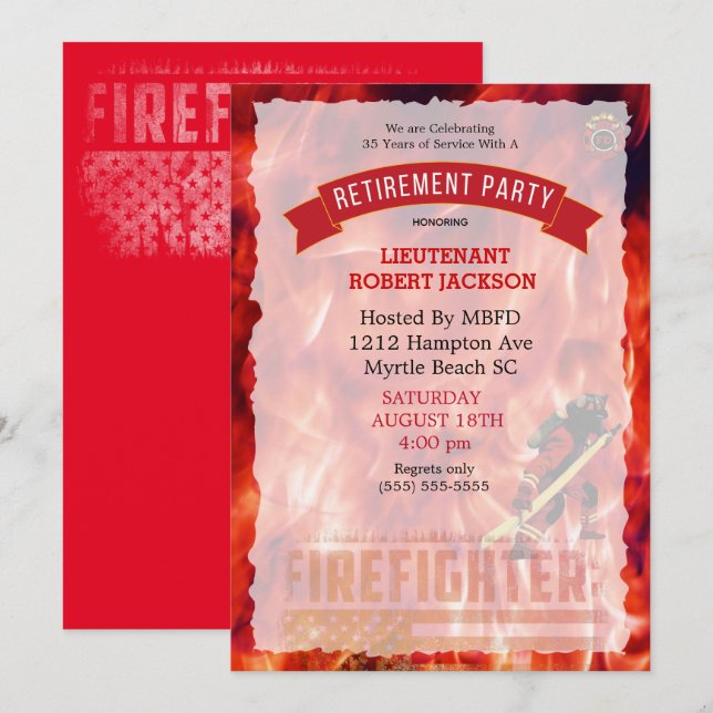 Firefighter Flames Flag Retirement Party   Invitation (Front/Back)