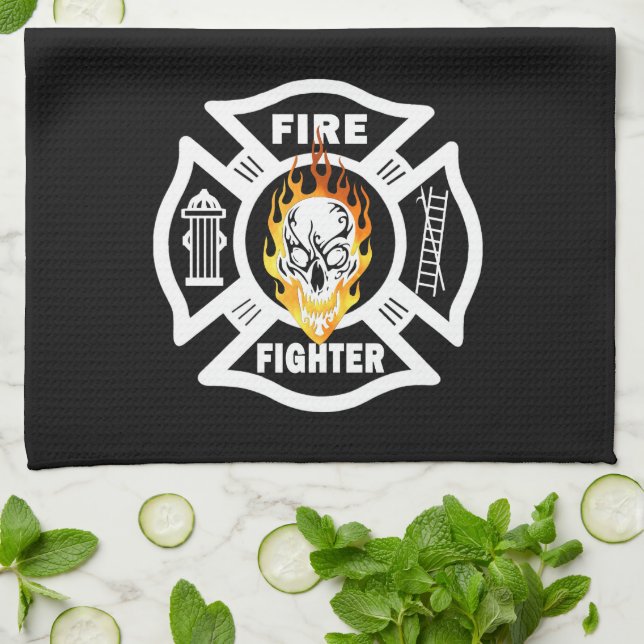 Firefighter Flaming Skull Tea Towel (Folded)
