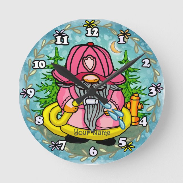 Firefighter gnome  round clock (Front)