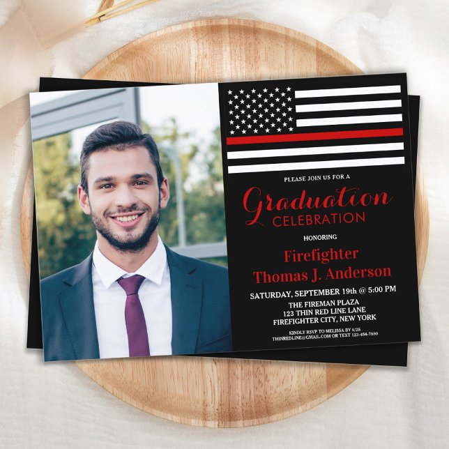 Firefighter Graduation Party Photo Thin Red Line Invitation (Creator Uploaded)