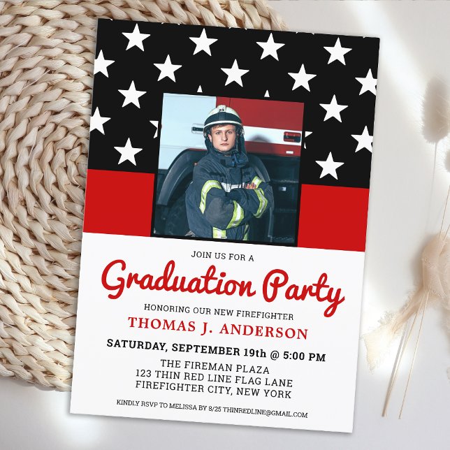Firefighter Graduation Party Thin Red Line Photo Invitation (Creator Uploaded)