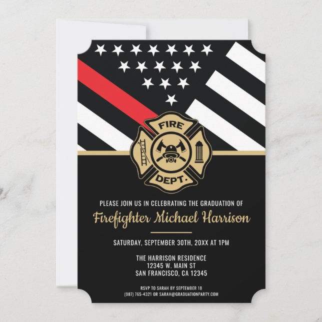 Firefighter Graduation Red Line Flag Fireman Invitation (Front)