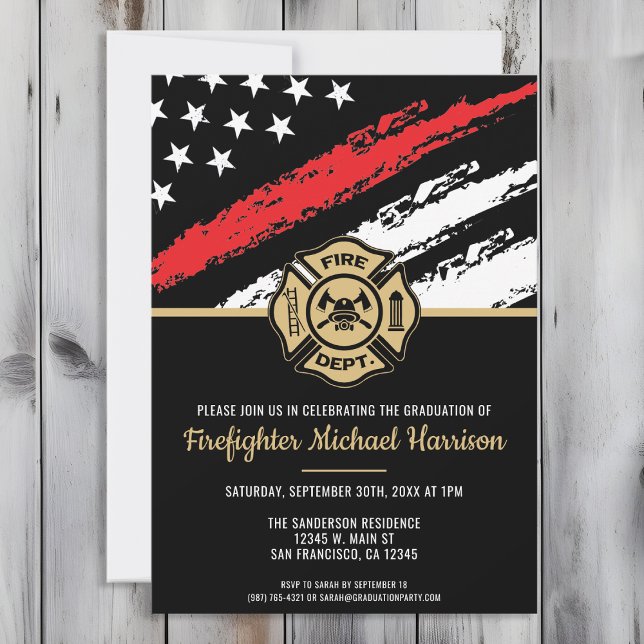 Firefighter Graduation Red Line Flag Fireman Invitation (Perfect invitation to invite guests to celebrate the new fire academy graduate in fire fighting!)