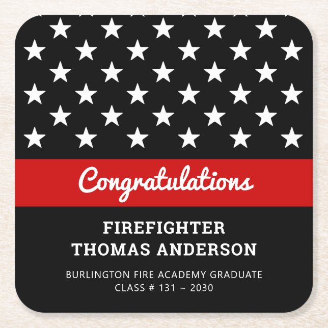 Firefighter Graduation Thin Red Line Party Square Paper Coaster (Front)