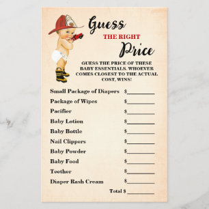 Firefighter Guess Right Price Baby Shower Game Flyer