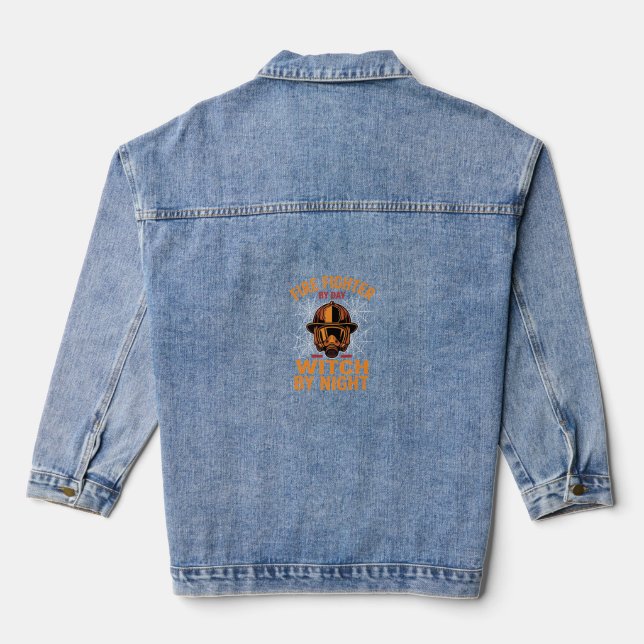 Firefighter Halloween Witch Night Design Denim Jacket (Back)