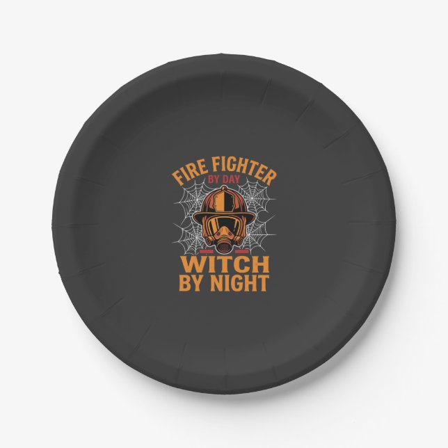 Firefighter Halloween Witch Night Design Paper Plate (Front)