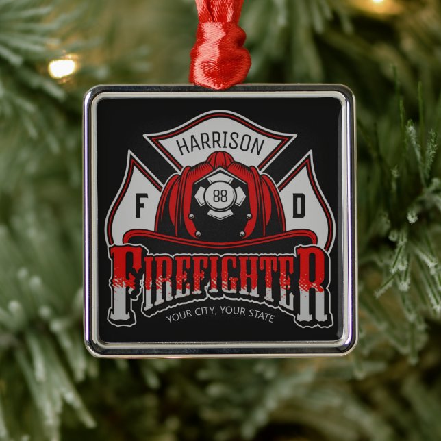 Firefighter Helmet ADD NAME Fire Department Rescue Metal Ornament (Tree)