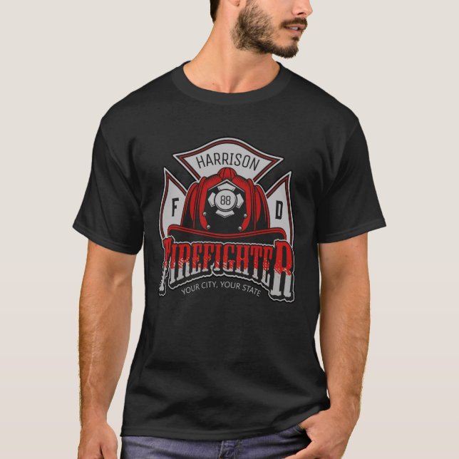 Firefighter Helmet ADD NAME Fire Department Rescue T-Shirt (Front)