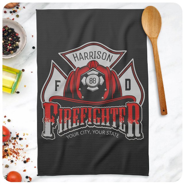 Firefighter Helmet ADD NAME Fire Department Rescue Tea Towel (Creator Uploaded)