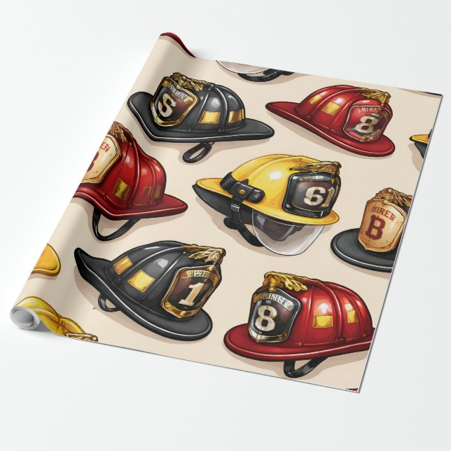 Firefighter helmet pattern fire station wrap wrapping paper (Unrolled)