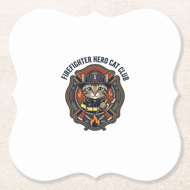 Firefighter Hero Cat Cat Graphic Tee Art - Firefig Paper Coaster (Front)