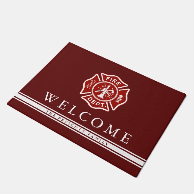 Firefighter Maltese Cross | Burgundy Welcome Doormat (Angled)