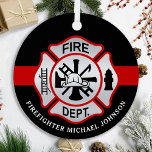 Firefighter Maltese Cross Personalized Fireman Metal Tree Decoration<br><div class="desc">Personalized Thin Red Line Maltese Cross Firefighter Ornament - modern black red and silver design . Personalize with fire departments, firefighter name, or your text. This personalized firefighter ornament is perfect for fire departments, fire service, or as a memorial keepsake, christmas gifts or stocking stuffers. Order these firefighter ornaments bulk...</div>