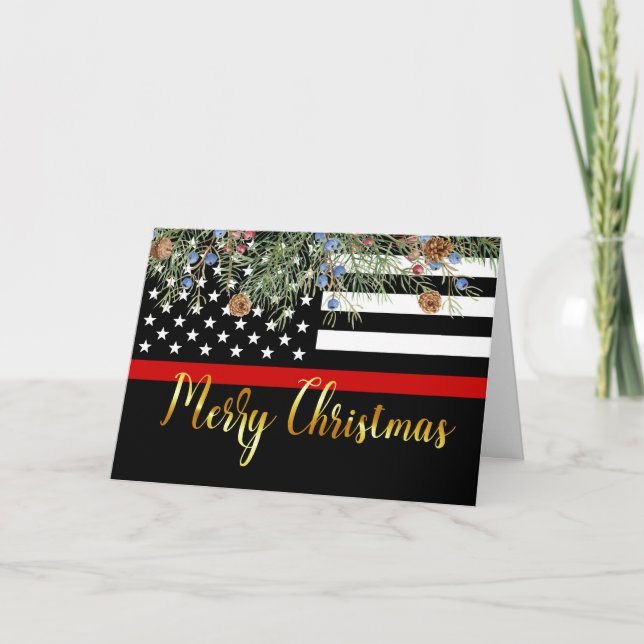 Firefighter Merry Christmas Fireman Thin Red Line Holiday Card (Front)