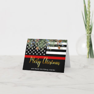 Firefighter Merry Christmas Red Flag Thank You Holiday Card