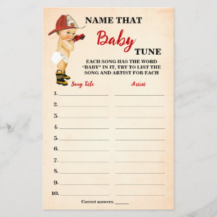 Firefighter Name Baby Tune Baby Shower Game Card