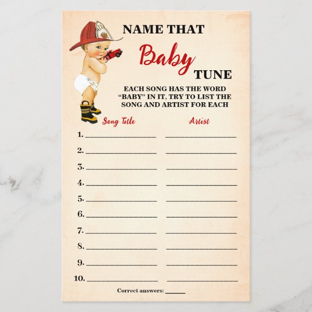Firefighter Name Baby Tune Baby Shower Game Card (Front)