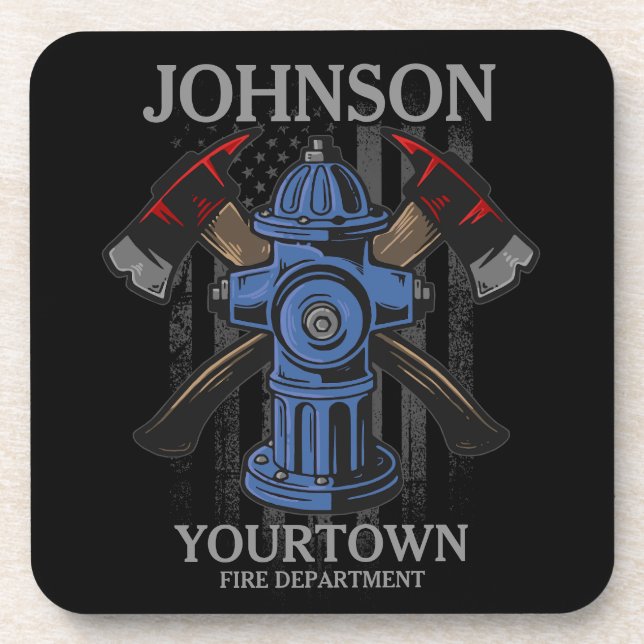 Firefighter NAME Fire Department Hydrant USA Flag  Coaster (Front)