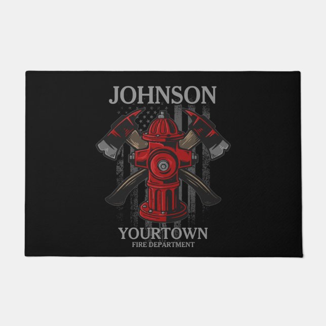 Firefighter NAME Fire Department Hydrant USA Flag  Doormat (Front)