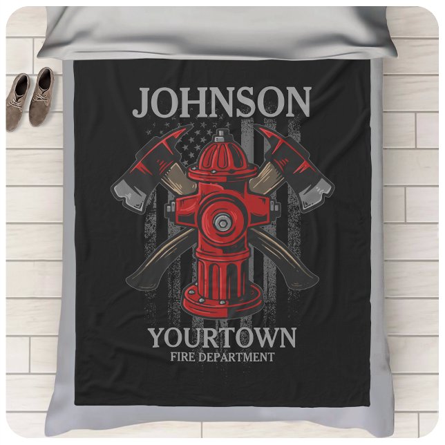 Firefighter NAME Fire Department Hydrant USA Flag Fleece Blanket (Creator Uploaded)
