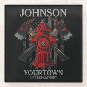 Firefighter NAME Fire Department Hydrant USA Flag  Glass Coaster