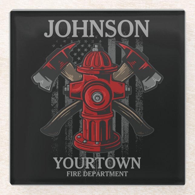 Firefighter NAME Fire Department Hydrant USA Flag  Glass Coaster (Front)