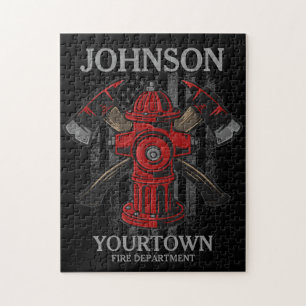 Firefighter NAME Fire Department Hydrant USA Flag  Jigsaw Puzzle