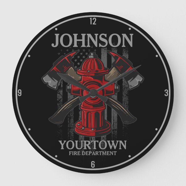 Firefighter NAME Fire Department Hydrant USA Flag Large Clock (Front)