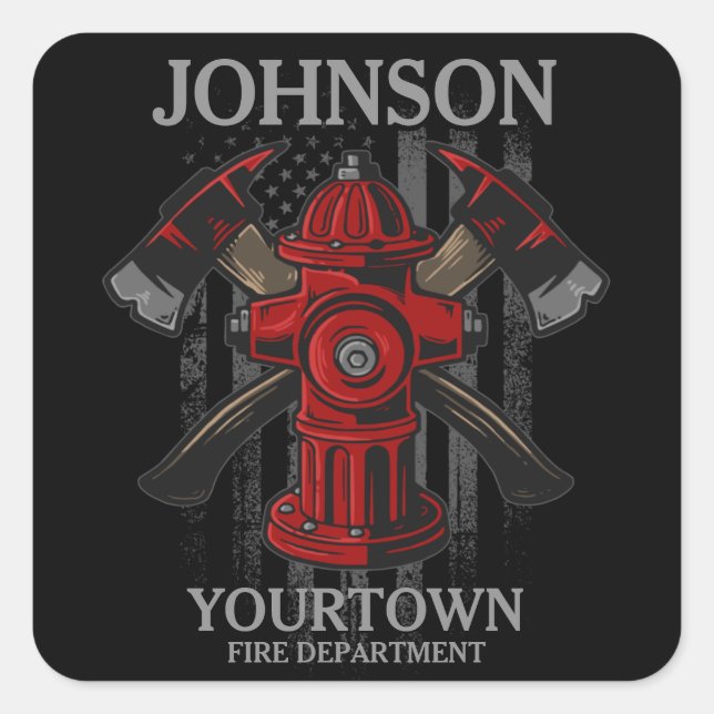 Firefighter NAME Fire Department Hydrant USA Flag  Square Sticker (Front)
