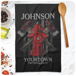 Firefighter NAME Fire Department Hydrant USA Flag  Tea Towel
