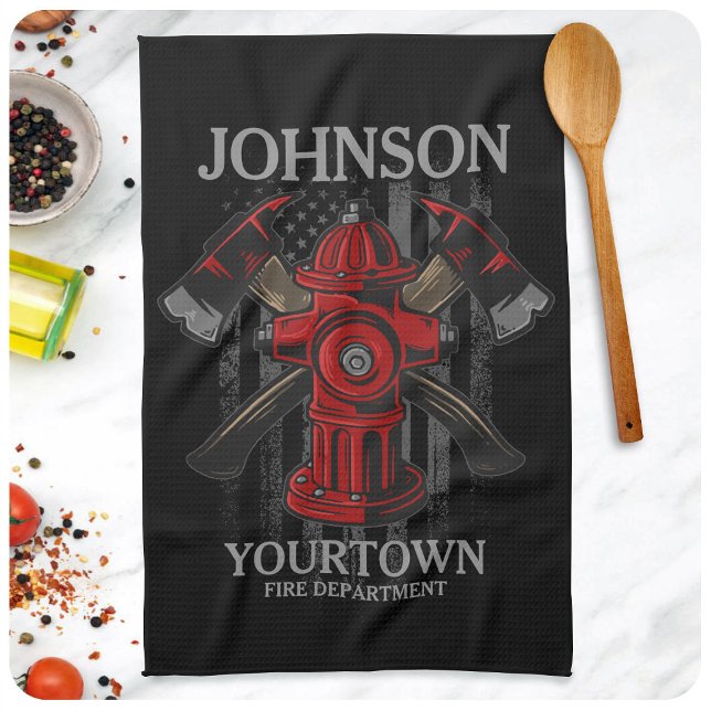 Firefighter NAME Fire Department Hydrant USA Flag  Tea Towel (Creator Uploaded)