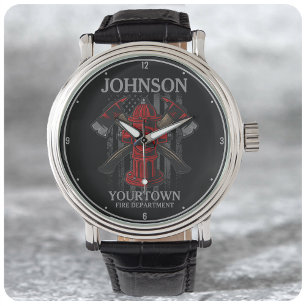 Firefighter NAME Fire Department Hydrant USA Flag  Watch