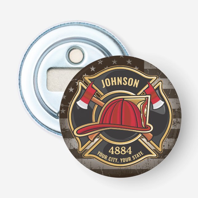 Firefighter NAME Fireman Fire Department USA Flag Bottle Opener (Front)