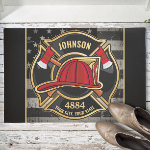 Firefighter NAME Fireman Fire Department USA Flag Doormat