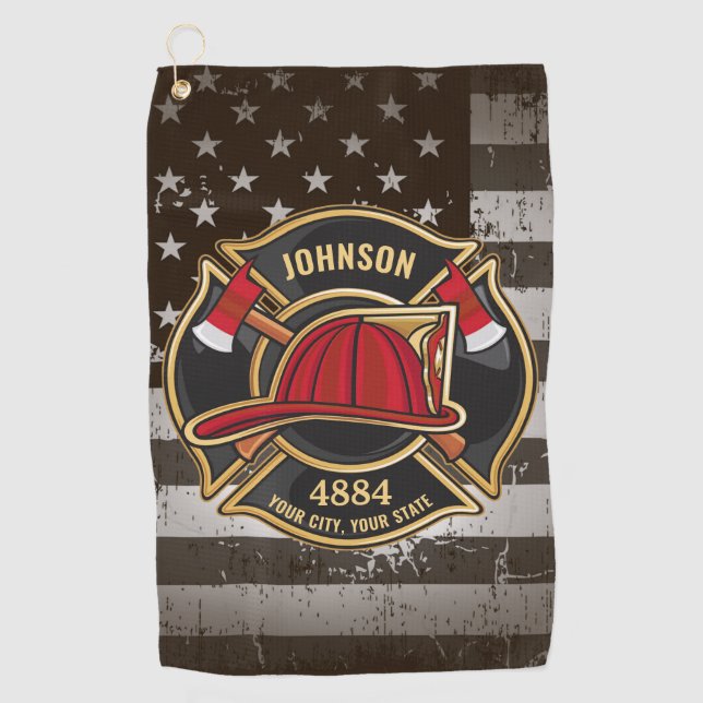 Firefighter NAME Fireman Fire Department USA Flag Golf Towel (Front)