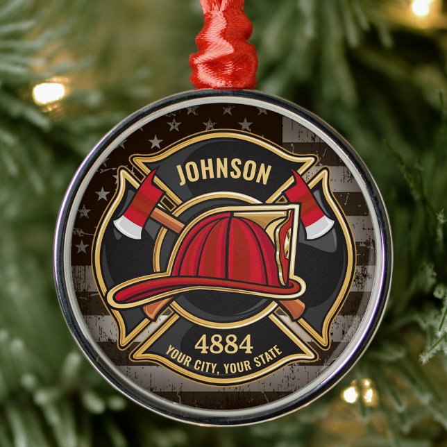 Firefighter NAME Fireman Fire Department USA Flag Metal Ornament (Creator Uploaded)