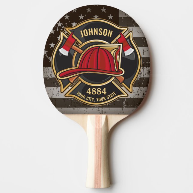 Firefighter NAME Fireman Fire Department USA Flag Ping Pong Paddle (Front)