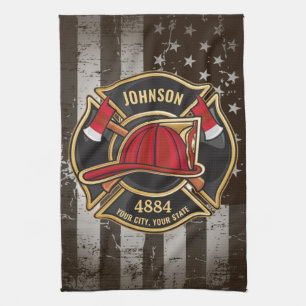 Firefighter NAME Fireman Fire Department USA Flag Tea Towel