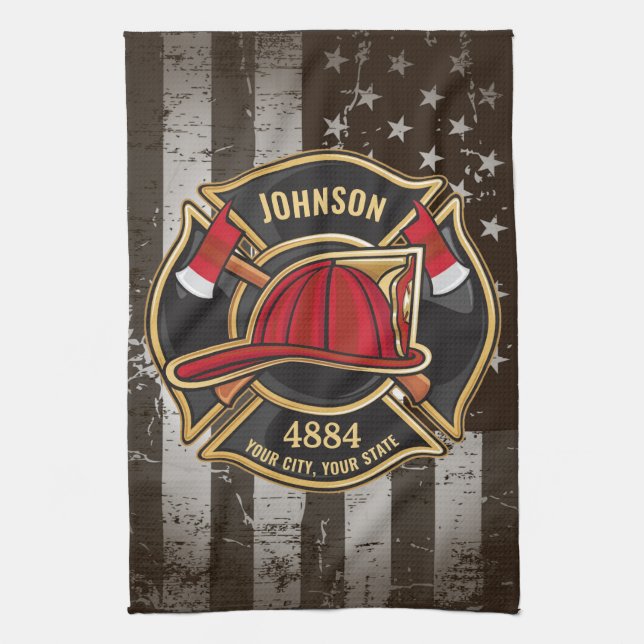 Firefighter NAME Fireman Fire Department USA Flag Tea Towel (Vertical)