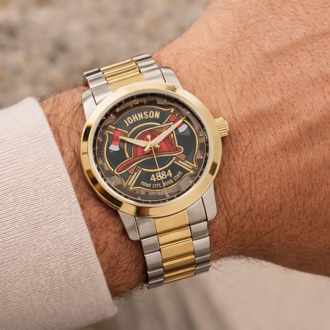 Firefighter NAME Fireman Fire Department USA Flag  Watch (Creator Uploaded)