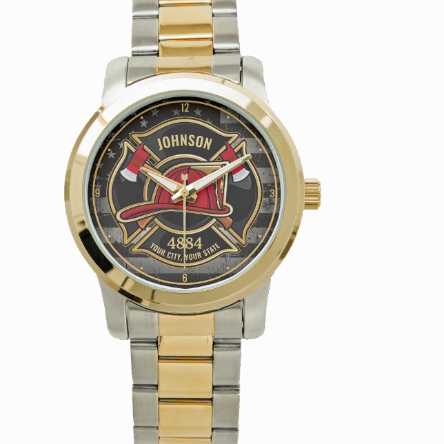 Firefighter NAME Fireman Fire Department USA Flag  Watch (Creator Uploaded)