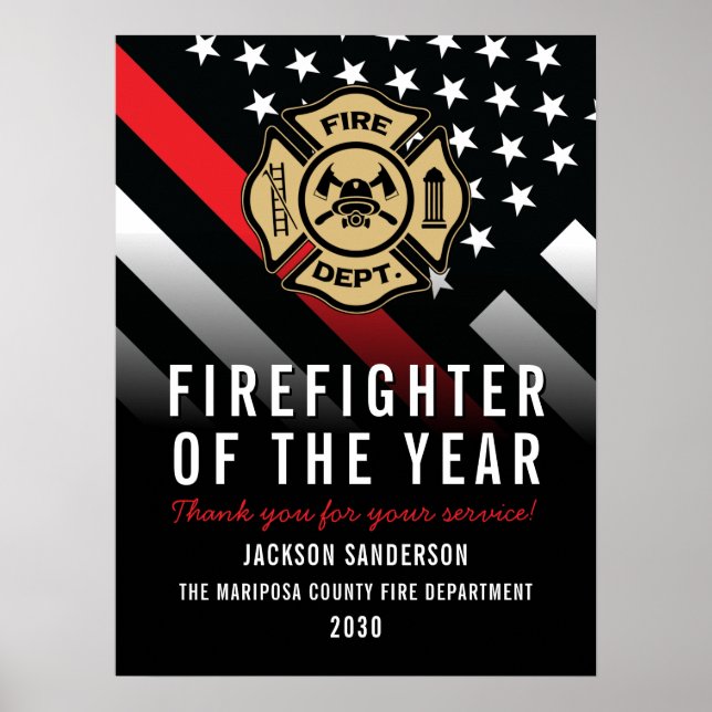 Firefighter of the Year Employee Logo Red Line Poster (Front)
