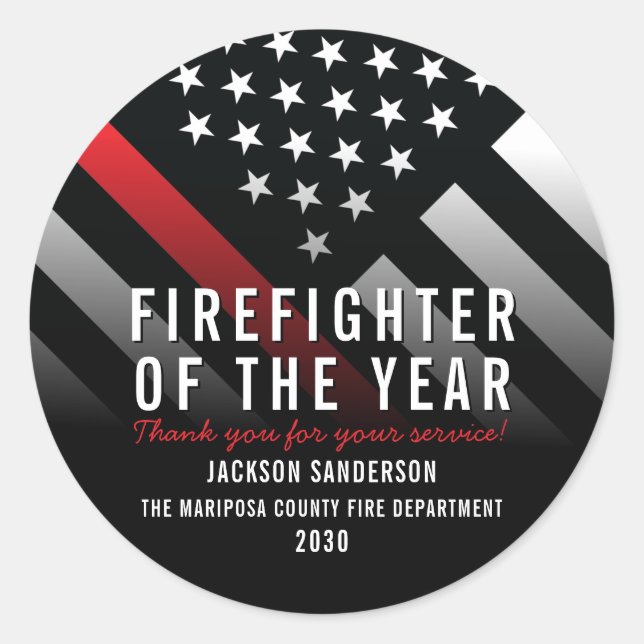 Firefighter of the Year Employee Red Line Flag Classic Round Sticker (Front)