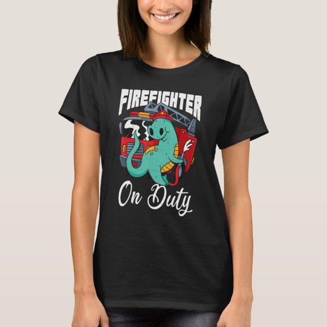 Firefighter On Duty Cute Dinosaur Firetruck Rescue T-Shirt (Front)