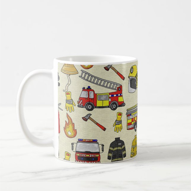 Firefighter Pattern, Fire Truck, Rescue Gear, Flam Coffee Mug (Left)