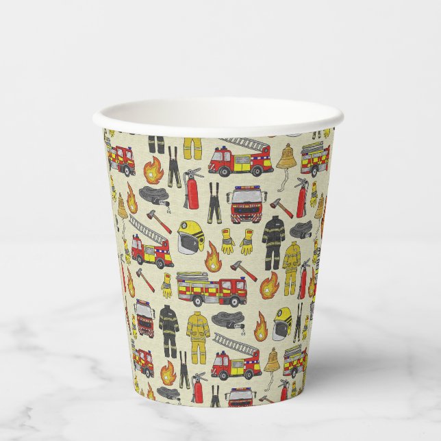 Firefighter Pattern, Fire Truck, Rescue Gear, Flam Paper Cups (Front)