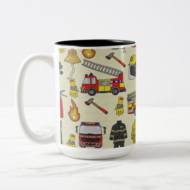 Firefighter Pattern, Fire Truck, Rescue Gear, Flam Two-Tone Coffee Mug (Left)